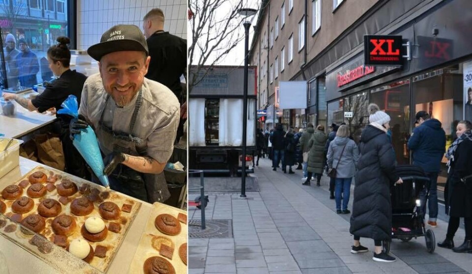 Kön ringlade sig lång utanför Bageri April i centrala Västerås när tv-bagaren Sébastien Boudet var på besök för att baka semlor. Foto: Helena Andersson Kön ringlade sig lång utanför Bageri April i centrala Västerås när tv-bagaren Sébastien Boudet var på besök för att baka semlor. Foto: Helena Andersson