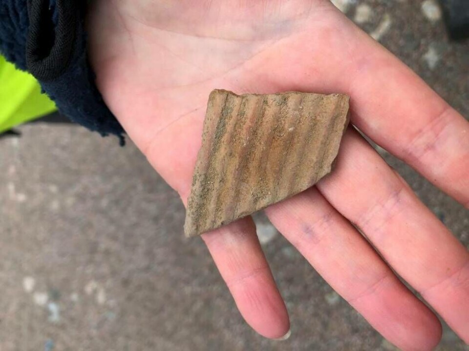En skärva från en refotsgryta har hittats, troligen var skärvan äldre än 1700-tal, då man under 1700-talet övergick till järngrytor.×1 / 3Visa bildtextBild 1 av 3 En skärva från en refotsgryta har hittats, troligen var skärvan äldre än 1700-tal, då man under 1700-talet övergick till järngrytor.×1 / 3Visa bildtextBild 1 av 3