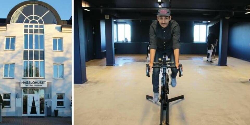 Först upp i e-sadeln. Beyond The Wall Cycling Studio-grundaren Rodde Vera på en av de totalt tolv smartbikes som kommer att fylla lokalen högst upp i Hässlöhuset. Foto: Jonas Bergkvist