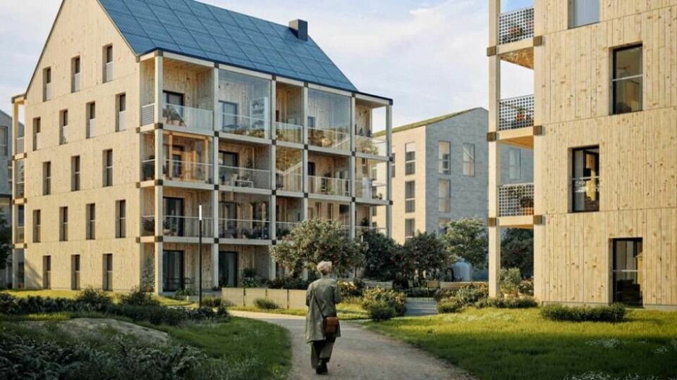 De två byggnaderna med 30 lägenheter ska byggas helt av trä och är så kallade passivhus. Foto: Kjellgren Kaminsky och ETC bygg AB