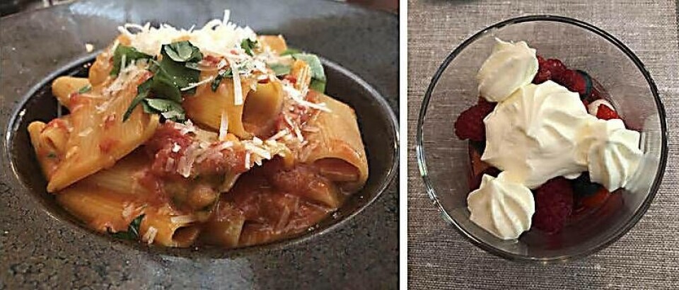 Huvudrätten Mezze Maniche och desserten med bland annat Mascarponegrädde, hallon och jordgubbar. Foto: Jonas Bergkvist