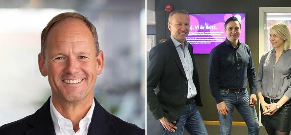 Iver köper Britt. Bilden till vänster: Carl-Magnus Månsson, vd på Iver. Bilden till höger: Tore Nallgård, vd och grundare av Britt tillsammans med medarbetarna Stefan Hellkvist och Johanna Folkesson.