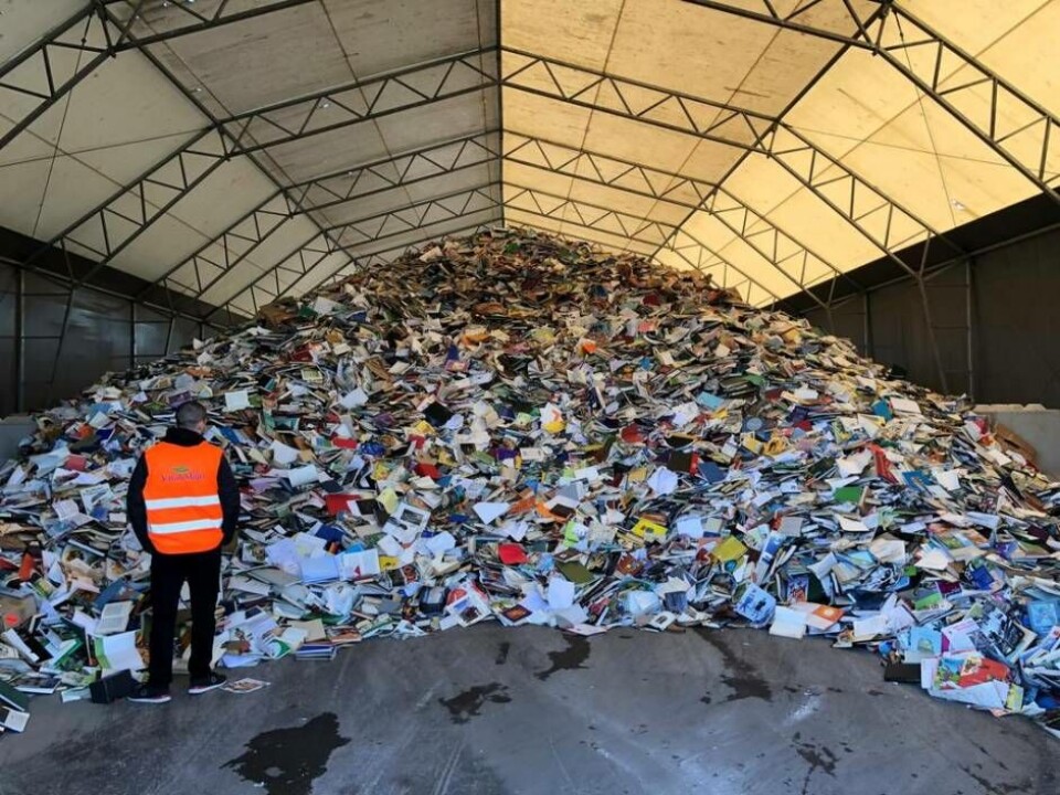 VafabMiljös lagerplats för böcker som ska vidare till återvinning. Foto: Anders Ericsson