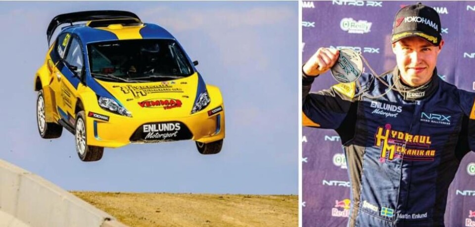 Martin Enlund under ett av racen i premiären av nya rallycrosserien NRX i Salt Lake City, USA. Det slutade med succé för den unge Västeråsföraren – dubbla andraplatser och delad mästerskapsledning. Foto: Jakub Nitka