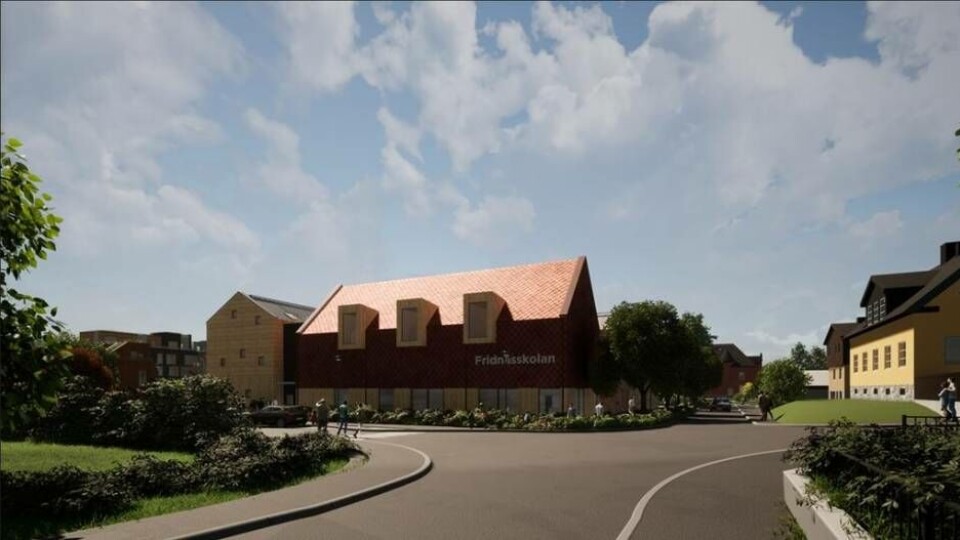 Detaljplanen som gör det möjligt att bygga ny skola på Fridnäs väntas antas på byggnadsnämnden. Bilden visar gatuvy från Västmannagatan med ny föreslagen skolbyggnad och den befintliga skolan i bakgrunden. Foto: Illustration: Archus