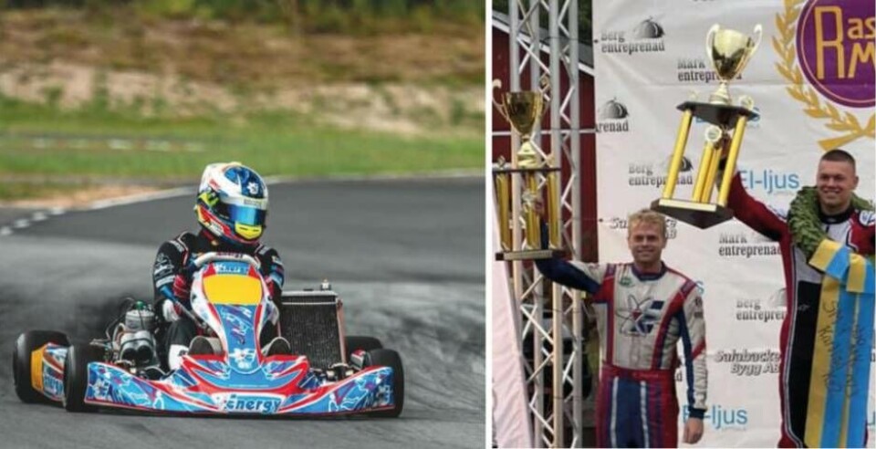 Takterna sitter i hos den gamle kartingmästaren Emil Skärås. Helgens comeback på SM slutade med en andraplats för SMK Västerås-föraren, endast slagen av hemmaföraren Rasmus Jansson, Rasbo (längst till höger). Foto: Sebastian Jansson Photography