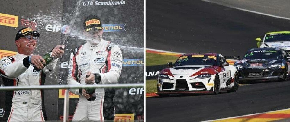 Segerskumpa för västeråsaren Emil Skärås och Hans Holmlund efter triumfen i Belgien. Foto: Toyota Gazoo Racing Sweden