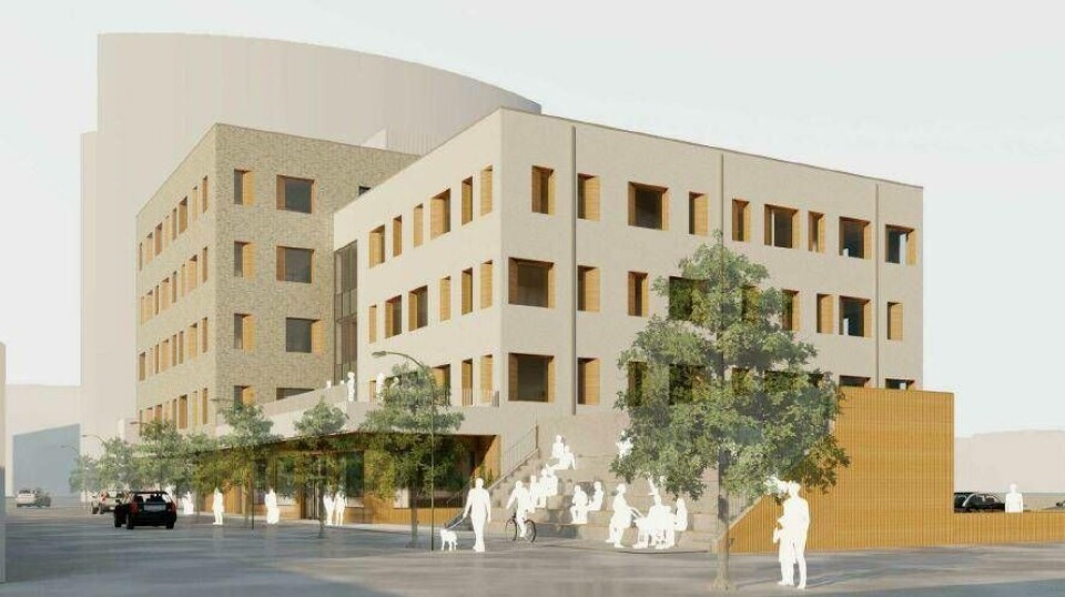 Nya huset. Sigurdsgatan till vänster och Skatteverkets hus i bakgrunden. Foto: Hemfosa