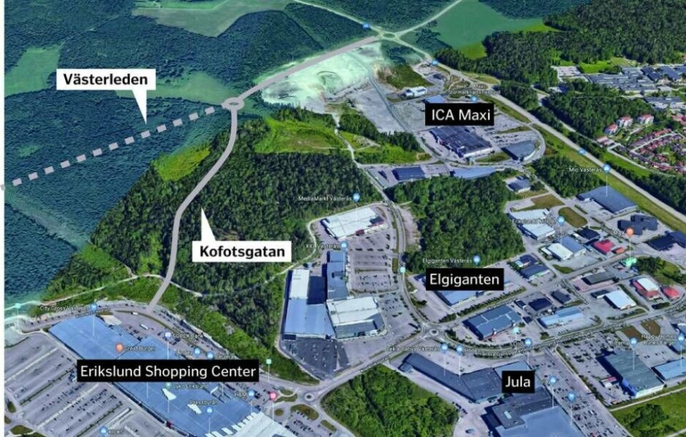 NY VÄG. Kofotsgatan kommer gå från den nuvarande delen av Västerleden ner till Erikslund Shopping Center där den ansluts med en rondell. Foto: GOOGLE/Fredrik Klevenhaus