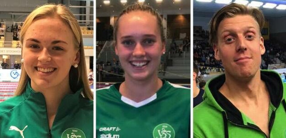 SM-framgångar – och SM-slut. Filippa Sterling (t v) slog till med ett överraskande silver på SM, Elvira Mörtstrand (mitten) gjorde så bra ifrån sig att hon nu får hoppa i den blågula dressen på junior-NM och Linus Kanth tog ett snyggt avsked av 13 års SM-tävlande med att nå tre finaler. Foto: VSS