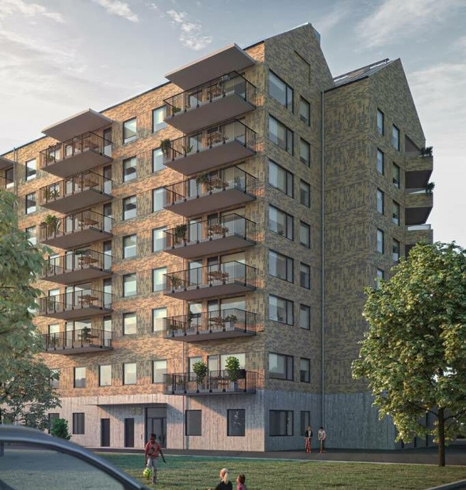 Det nya huset på Vallby blir ett tegelklätt lamellhus. Foto: Archus arkitekter
