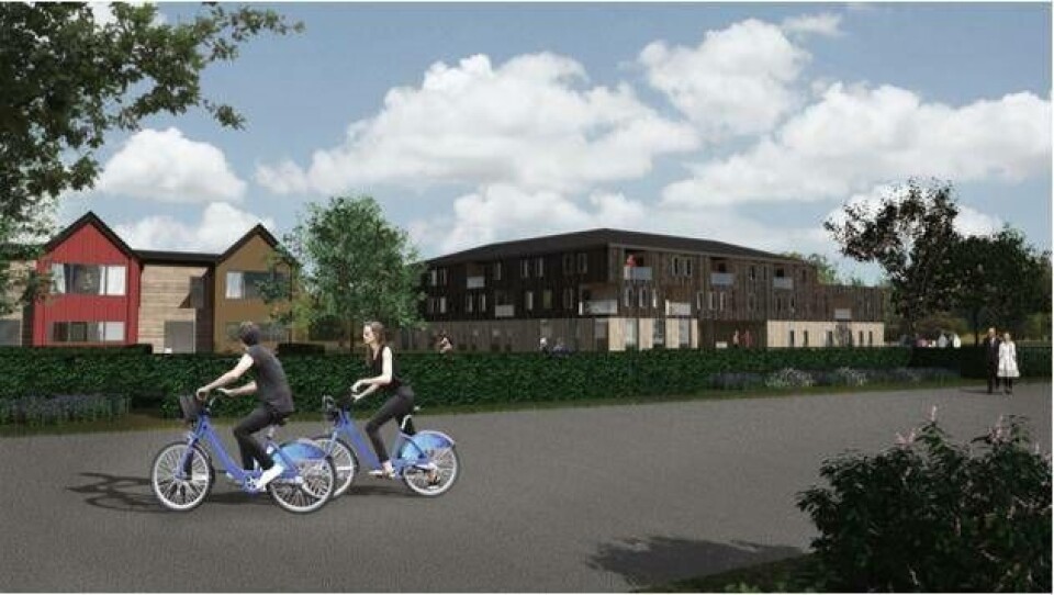 llustration som visar möjlig utformning av bostadsbebyggelse och eventuellt äldreboende, sett från Ekebyvägen och med åkermarken bakom bebyggelsen. Foto: Västerås stad/Metod arkitekter AB