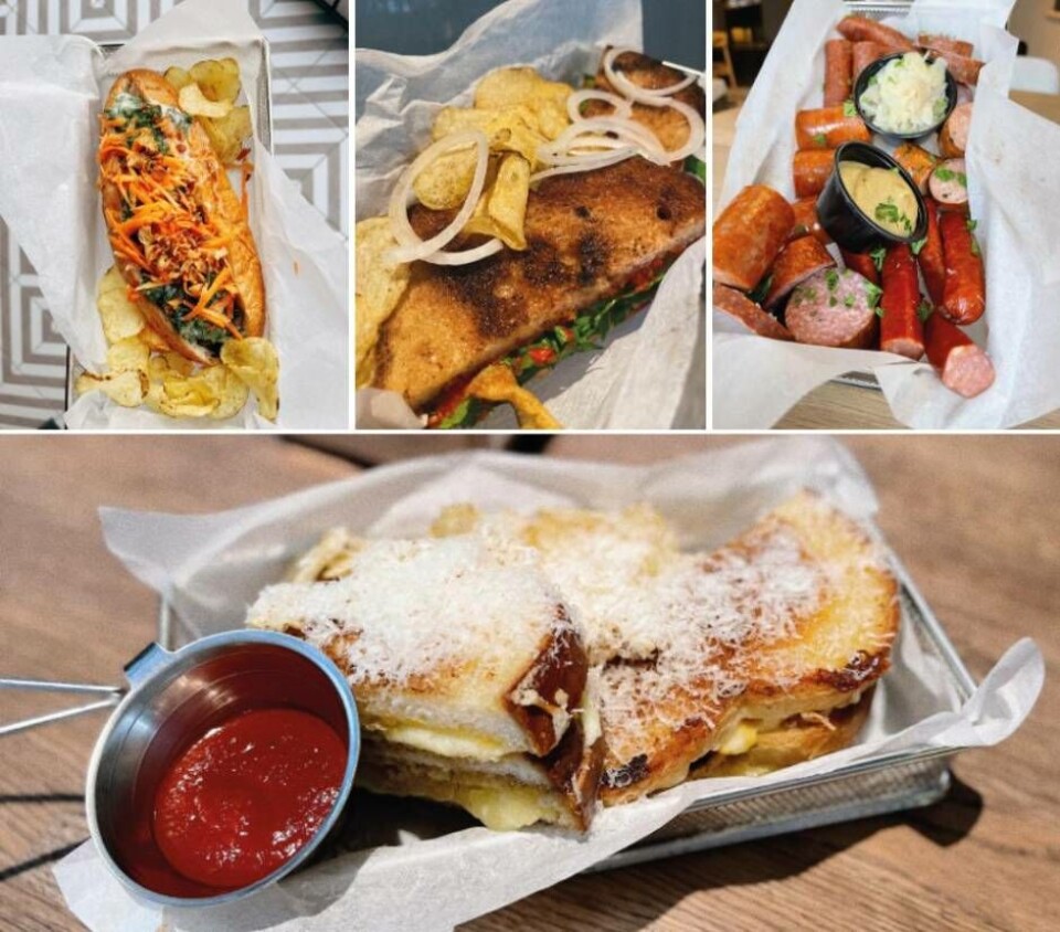 Här är något av allt som kommer att erbjudas på menyn hos Bar Lokal: Korv i korg från Carlströms med surkål och senap, Veggy – vegetarisk macka med svamp och grönkål, Cheesy och Fishy. Foto: Bar Lokal
