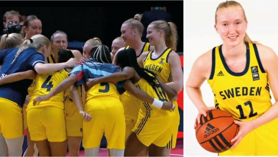 Sverige jublar efter premiärsegern i EM mot Slovakien. Till höger mästerskapsdebuterande västeråsaren Matilda Ekh som bidrog med en fin trepoängare. Foto: SVT Play/Svensk Basket