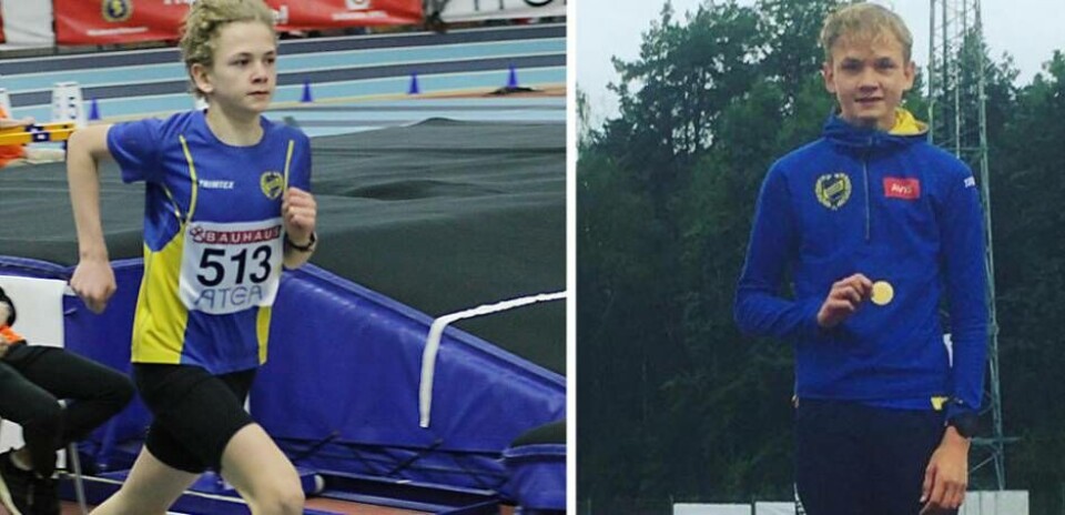 15-årige Markus Andersson stod för ett kanonlopp när han vann 1500 m hinder på USM med det näst snabbaste loppet någonsin (bilden till vänster från inne-SM i mars när han också tog guld). Till höger stoltserar han med en av sina totalt två guldmedaljer från Norrköping. Foto: Privat/Daniel Allard