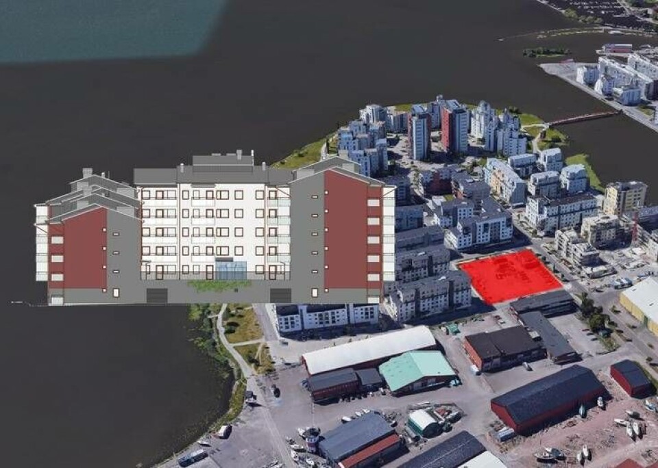 Nytt hus. Den nya fastigheten med fasaden åt öster, riktning vänster i bild. Fastigheten Sjömärket 1 markerat med rött. Foto: Arkinova/Google