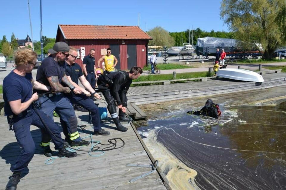 Teamwork. Hela gänget får ta i och dra för att få upp en tung metallvagn som Emma Larsson hittat alldeles vid kanten av bryggan. Foto: Helena Andersson
