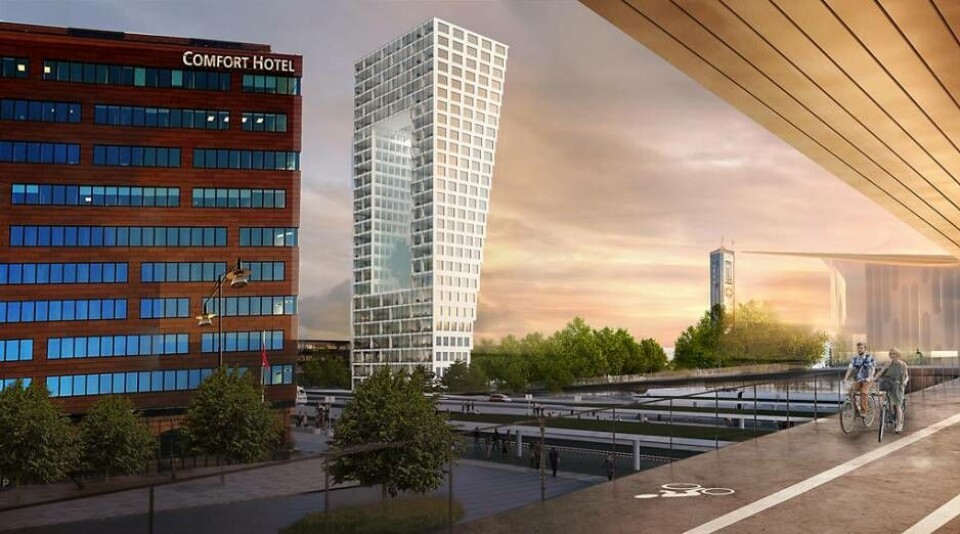 Så här kan stationsområdet komma att se ut i framtiden. Man räknar med att Vasatornet kommer att bli 100 metet högt och därigenom Västerås högsta bostad- och kontorsbyggnad. Foto: Västerås stad