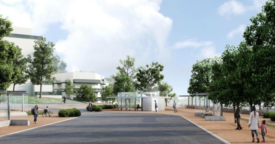 Förslaget på nytt resecentrumet innehåller bland annat fyra busshållplatser med väderskydd och en vänthall samt cirka 200 cykelparkeringar liksom gångstråk och torgyta. Foto: Illustration Norconsult
