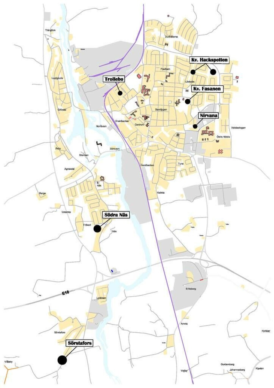 Småhustomter. Illustrationen visar på vilka områden det just nu finns kommunala småhustomter byggklara i Hallstahammars kommun och som planeras bli byggklara inom den närmaste framtiden.