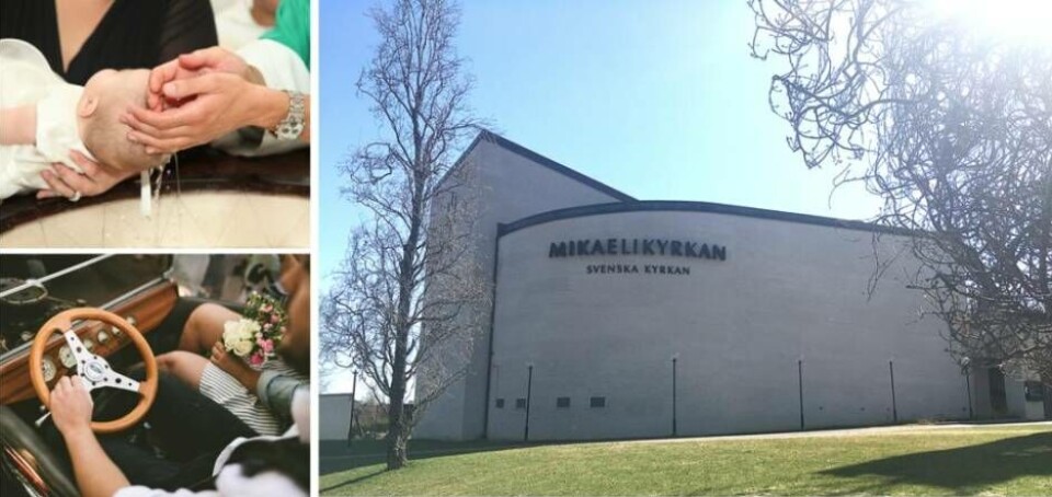 Den 13 maj anordnas ett drive in-tillfälle för dop och vigslar i Mikaelikyrkan. Foto: Roger Bergkvist (kyrkan), Linda Eliasson (vigsel), Istock (dop)