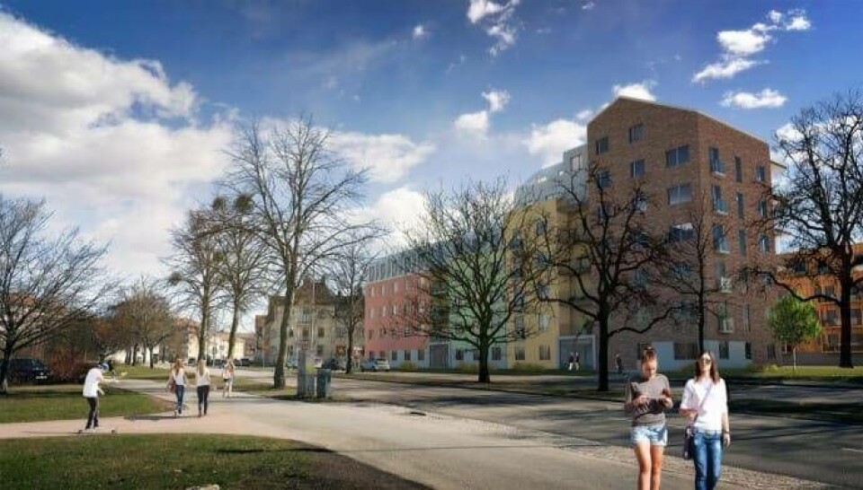 Illustration, Käringbacken 1 och del av Västerås 2:70, fotomontage siktlinje från Köpingsvägen. Foto: Västerås stad