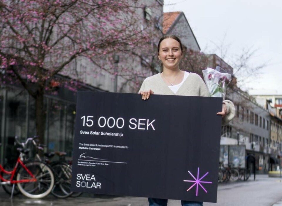 Prisad. Västeråstjejen Mathilda Cederblad vann Svea Solars gröna stipendium. Foto: Svea Solar