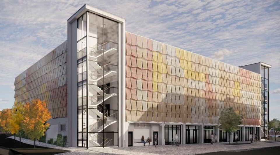 Skiss. December 2022 väntas det nya parkeringshuset Oxen stå klart på Oxbackens centrum. Foto: Fojab