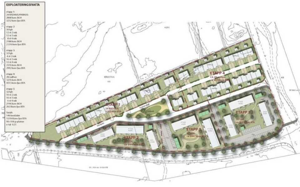 Den här skissen visar de bostäder som BoKlok räknar med att de börjar byggas i slutet av 2021. Foto: Reierstam Arkitektur