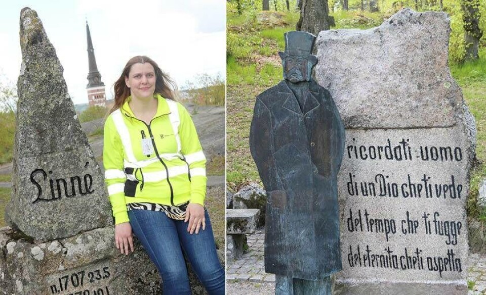 Klassisk Västeråsvy. Malin Lundell, landskapsingenjör på Västerås stad, vid Linné-stenen på Djökneberget. Tillhöger: Sam Lidman som skapade parken på Djäkneberget mellan 1862 och 1895.