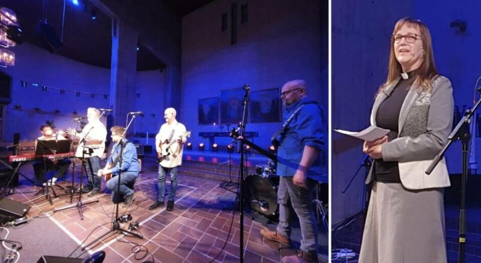 Rytterna Röj var ett av alla band som uppträdde under kvällen i Mikaelikyrkan där prästen Maria Agstam Häggkvist (t h) var kvällens konferencier. Foto: Svenska kyrkan Västerås