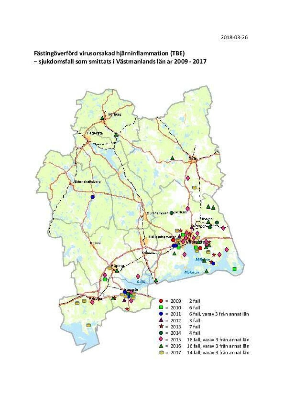 Här konstaterades fallen av TBE åren 2009-2017 Foto: Region Västmanland