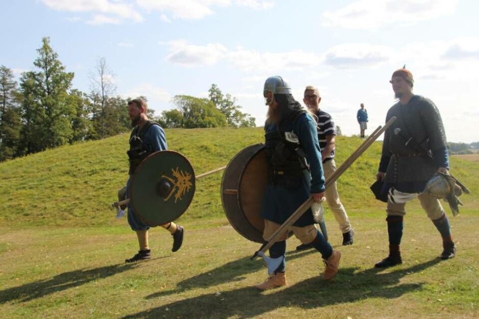 Tillbaka till vikingatiden. Stridsuppvisningarna av Stockholms fria vikingar är ett av flera populära inslag under Arkeologidagen, som hålls vid Anundshög nästa söndag 25 augusti. Foto: Peter Hoffström/Arkiv