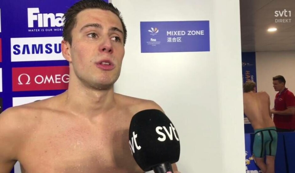 Trea. Gustaf Dahlman har gjort sin VM-debut. Han var nöjd med sin individuella insats på 200 m fritt. Foto: SVT