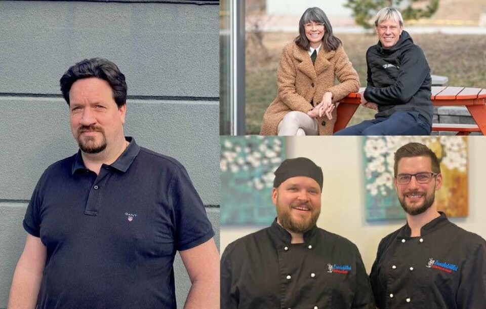 De nominerade. Daniel Idén från Hallsta Installationsbyrå AB (tv), Thomas Svensson från Proofdoor Svenska AB (här tillsammans med hustrun Sophia) och Pierre Laurén och Mikael Åberg Lunchstället. Foto: Privat