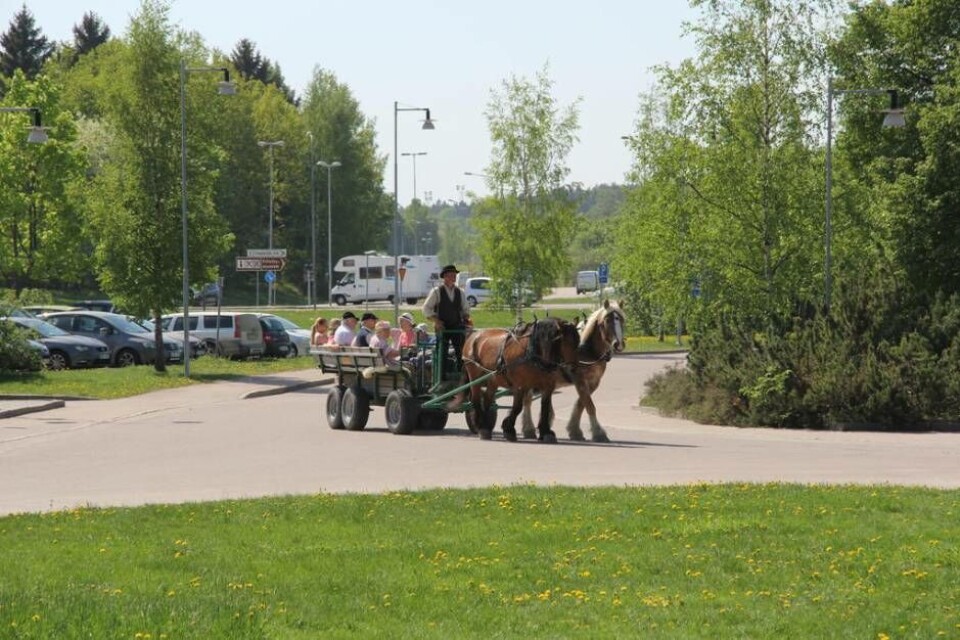 Hans Johansson svänger upp framför Vallby friluftsmuseum tillsammans med sina passagerare. Foto: Helena Andersson×1 / 2Visa bildtextBild 1 av 2
