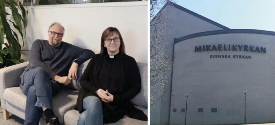 En kväll för Ukraina. Samordnaren Robert Jonsson och prästen Maria Agstam Häggkvist från Mikaelikyrkan. Foto: Svenska kyrkan Västerås och Roger Bergkvist