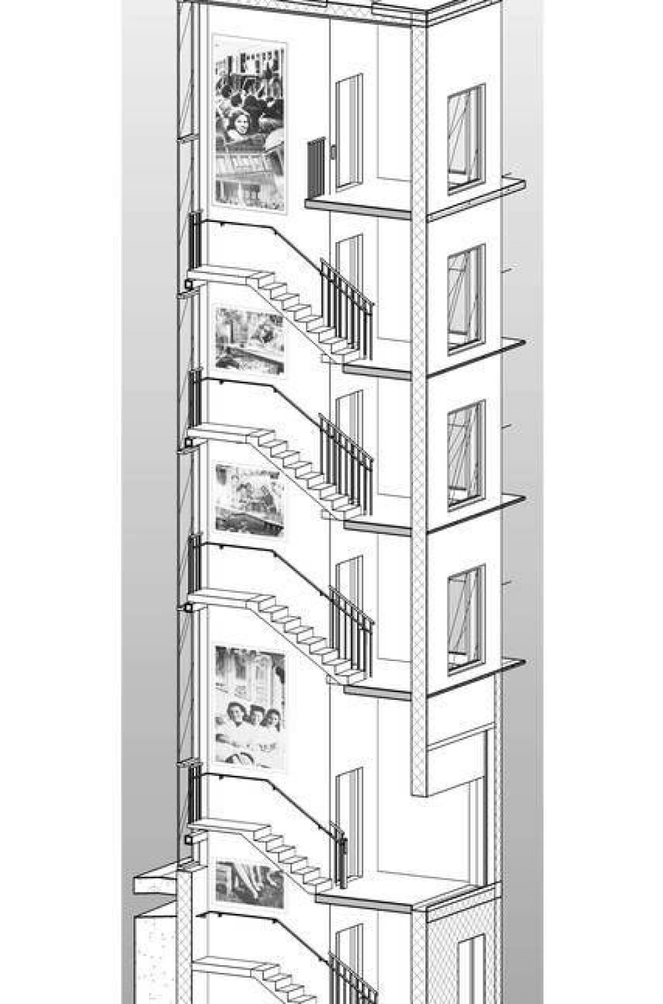 Illustration från skissförslag ”Ne jotka tulivat - me jotka jäimme / dom som kom – vi som blev” av Lisa Juntunen Roos. Bilden illustrerar ett av uppdragets två trapphus.