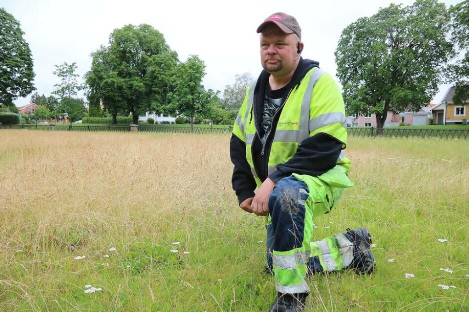 Slipper klippa gräs. Patrik Börjesson, kyrkogårdsföreståndare och initiativtagare till projektet på Wallinska kyrkogården. Foto: Helena Andersson