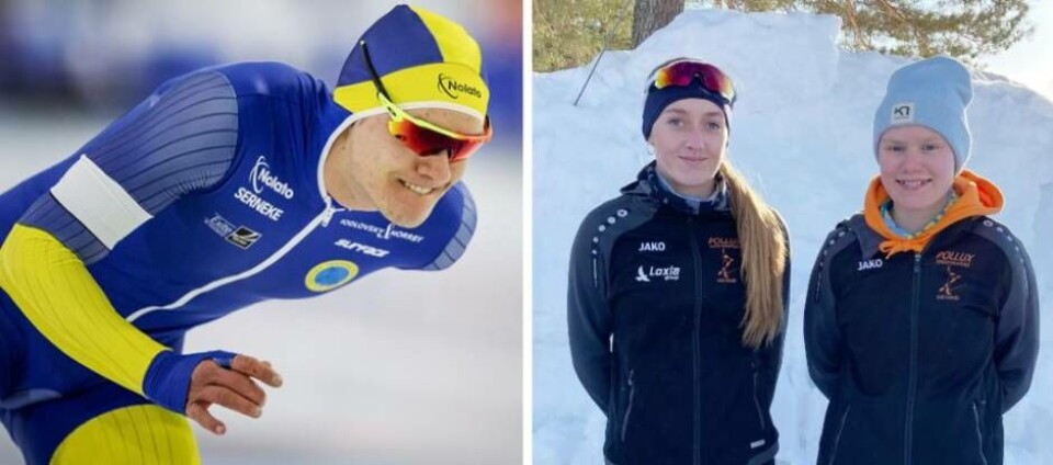 USM-medaljörer. SK Pollux Felicia Nilsson och Elvira Björnberg tränar ihop med OS-guldvinnaren Nils van der Poel – förra helgen åkte de hem två medaljer var vid USM i skridsko i Falun. Foto: International Skating Union och Pollux