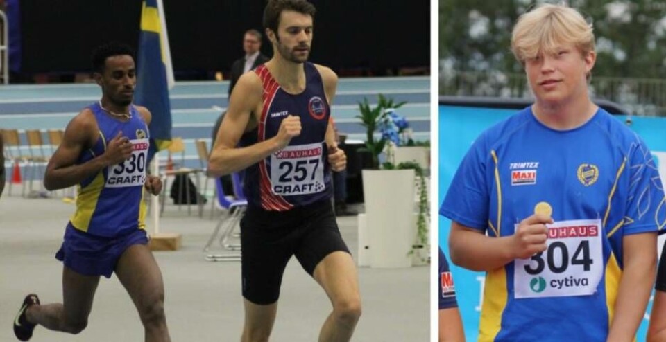Efrem Brhane (här från 1500-metersfinalen ifjol då han blev tvåa bakom vinnaren Johan Rogestedt) blev sexa i dagens final på 1 500 meter. Till höger lovande kastaren Leo Bystedt som gjorde en klart godkänd SM-debut när han blev femma i viktkastning på nytt personbästa. Foto: VFK och Kjell Bystedt