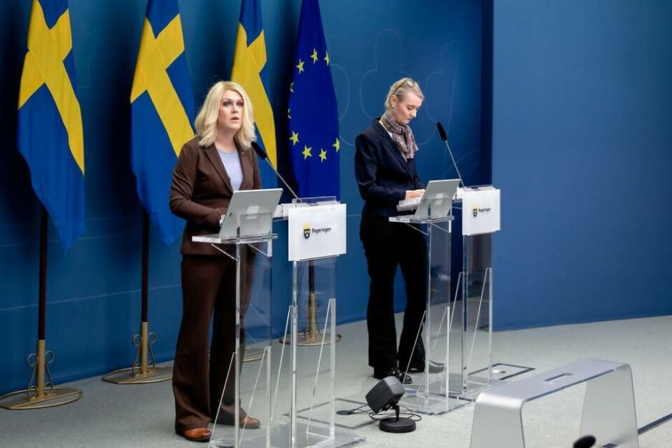 Socialminister Lena Hallengren och Folkhälsomyndighetens generaldirektör Karin Tegmark Wisell vid en tidigare pressträff. Foto: Magnus Liljegren/Regeringskansliet