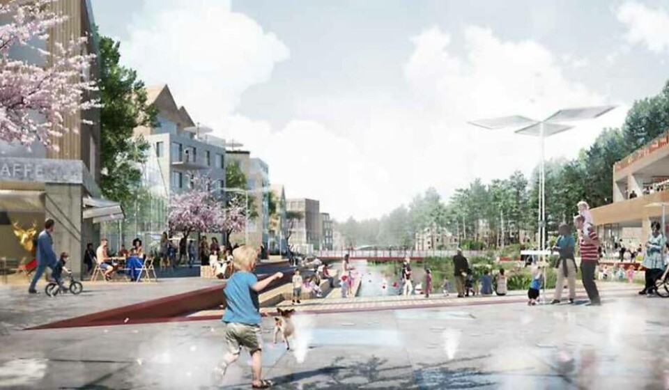 Det dike som idag finns i de norra delarna i planområdet planeras, enligt den fördjupade samrådsplanen, att utvecklas till en attraktiv del av den offentliga miljön. Foto: Illustration Tovatt Architects & Planners AB och Mandaworks AB