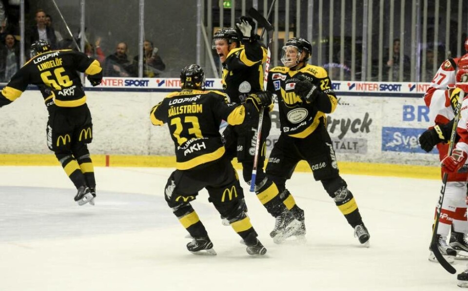Fredrik Johansson vrålar av lycka efter att han satt kvitteringen mot Troja/Ljungby. Foto: STEFAN LINDGREN