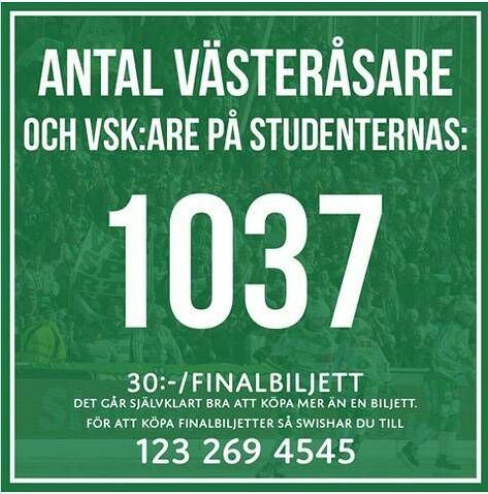 På tisdagsförmiddagen hade 1 037 västeråsare köpt fiktiva finalbiljetter för att stötta VSK på lördag. Foto: VSK Bandy