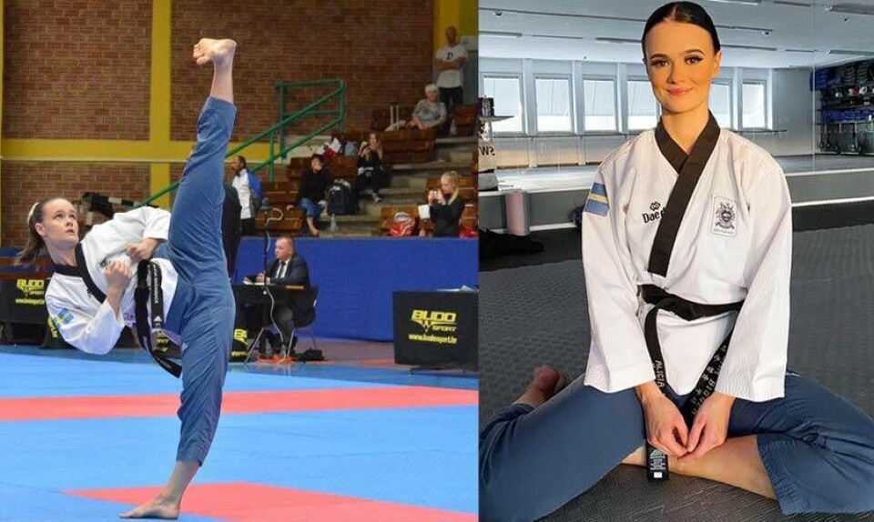 Bild till vänster: Alicia Brännback i aktion under normala tävlingsomständigheter, Croatian Open hösten 2019. Bild till höger: Från inspelningen av mönstren till onlinetävlingen JCUK Poomsae Championship där Alicia Brännback tog ett silver. Foto: Digital Sport Network / Privat