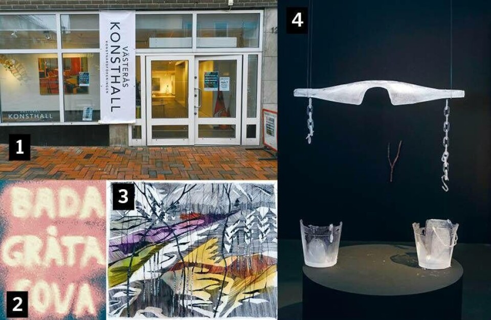 1 Entrén till Västerås Konsthall. 2 Verk av Linda Hedendahl. 3 Verk av Kajsa Wikström (foto: Gustav Karlsson Frost-20). 4 Verk av Linda Lasson.