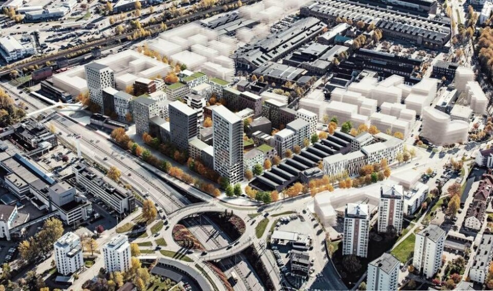 Illustration som visar planen för norra Kopparlunden, med höga hus mot E18. Närmast rondellen över E18 syns det 24-våningshus som Riksbyggen planerar att bygga. Foto: FOJAB Illustration som visar planen för norra Kopparlunden, med höga hus mot E18. Närmast rondellen över E18 syns det 24-våningshus som Riksbyggen planerar att bygga. Foto: FOJAB