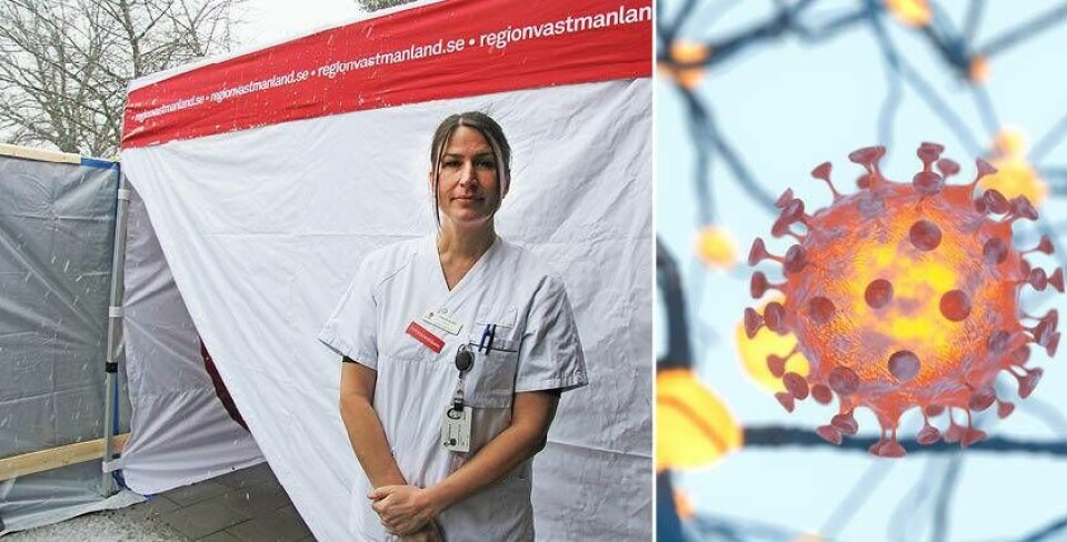 Infektionsklinikens verksamhetschef Cherin Kamil framför det nya tältet där Region Västmanland testar misstänkta coronafall. Foto: Jonas Edberg×1 / 4Visa bildtextBild 1 av 4