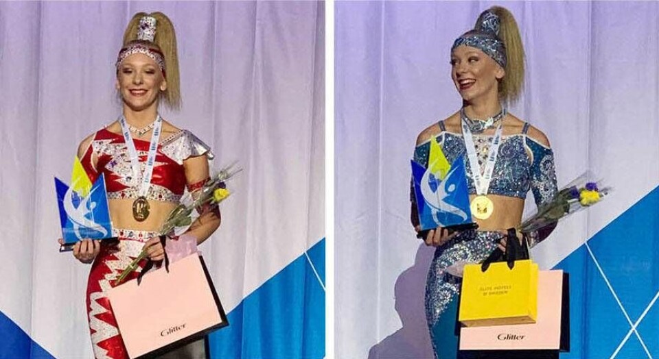 Nora Andersson från Västerås danscenter blev hela SM-tävlingarnas drottning med totalt fyra guld – för övrigt samma antal som hon lyckades dansa hem även 2018. Här ses hon med två av de fyra guldmedaljerna efter helgens SM i Västerås. Foto: Privat